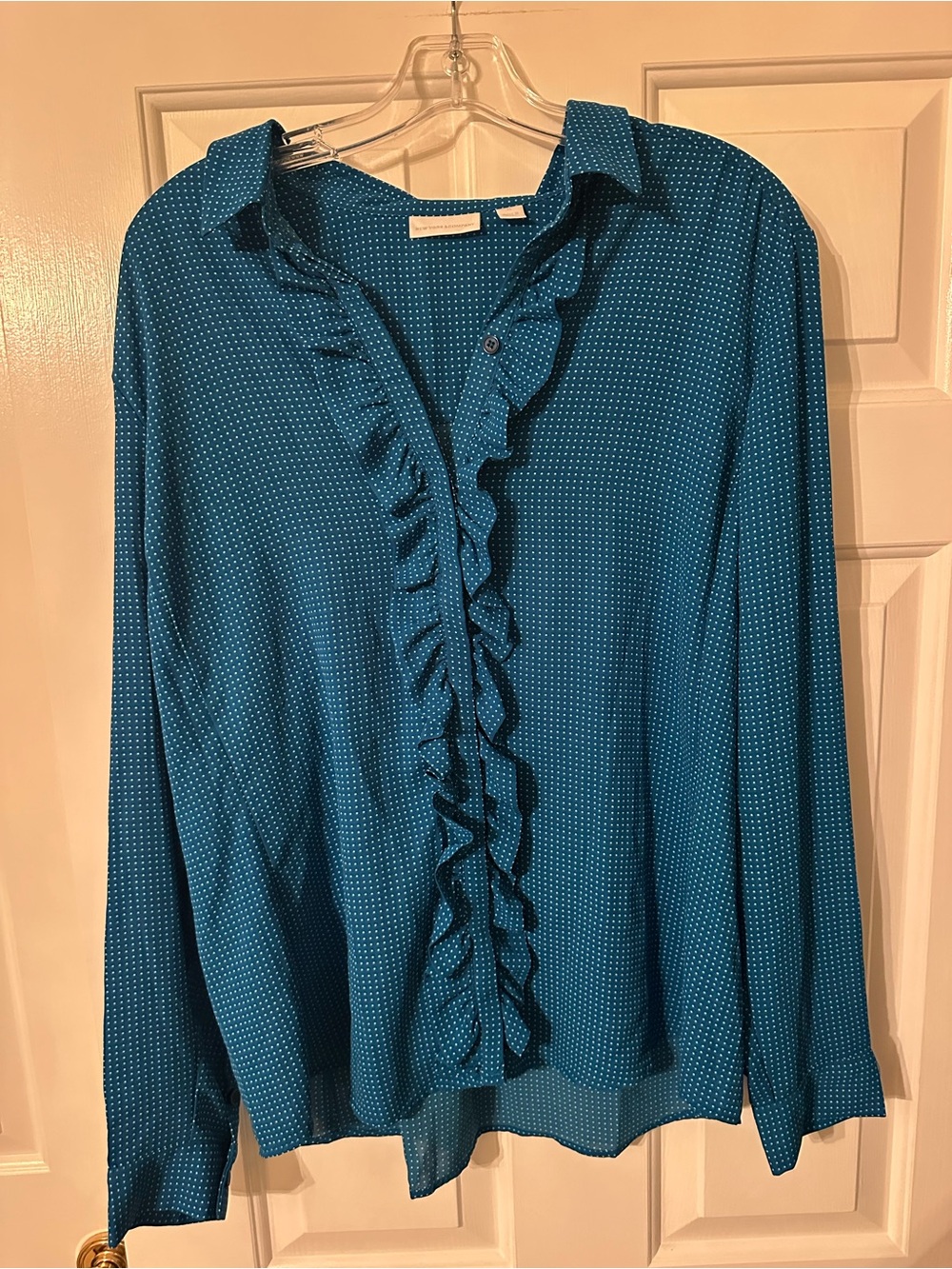 New York & Company Teal Dot Ruffle Button-Down Blouse